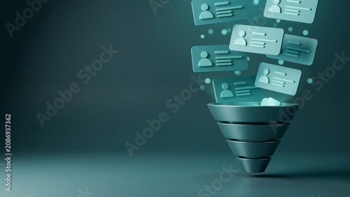 Customer data cards entering a sales funnel, representing lead generation, acquisition, and marketing conversion
