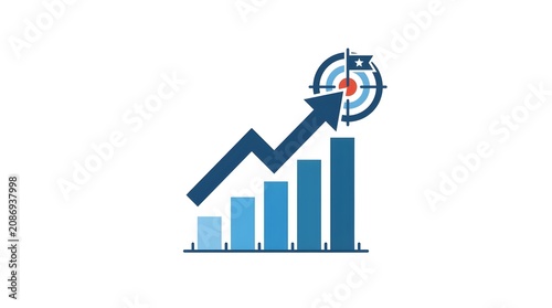 Flat vector illustration of a business growth and target achievement concept. Features a rising blue bar chart with a large, bold upward-trending arrow hitting an archery target bullseye that is marke