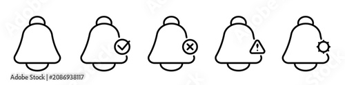 Modern notification management outline icons including alerts, settings, approval and disabled notification states. Minimal linear UI symbols for mobile and web applications.