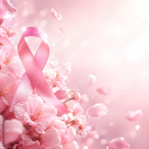 Breast cancer awareness pink ribbon with cherry blossoms