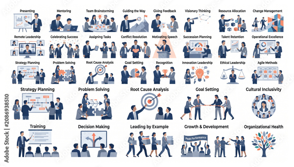 Fototapeta premium Comprehensive business management and leadership icon collection for corporate strategy with business management leadership strategy planning teamwork corporate development mentoring