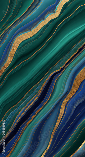 Cyberpunk glitch waves with neon distortion & abstract marble texture emerald green sapphire blue & gradient spheres floating pastel glow & minimalist geometric golden lines navy


