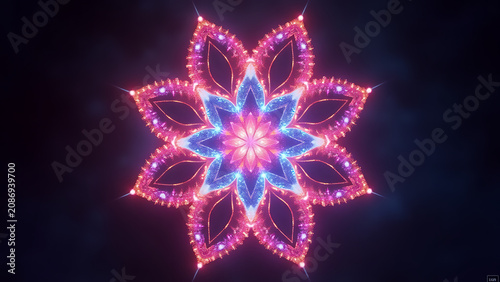 Fractal flower geometric symmetry glowing neon & dreamy watercolor soft pastel & circular vortex glowing particles deep space & pastel gradient mesh peach lavender teal

