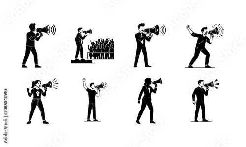 Cuadro en lienzo Black Megaphone Speaker Silhouette Collection Flat Vector Set Isolated on PNG Ba