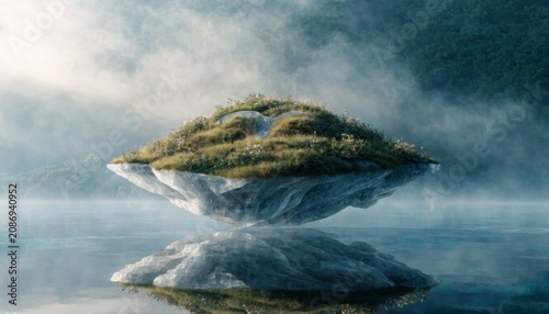 Small isolated island featuring lush green grassy vegetation floats above a calm reflective water surface in foggy weather.