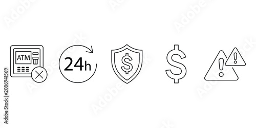 Obraz na plátně Atm service icon set with twenty four hours finance shield dollar warning vector illustration