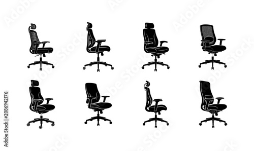 Bild auf Leinwand Black Ergonomic Office Chair Silhouette Collection Flat Vector Set Isolated on P