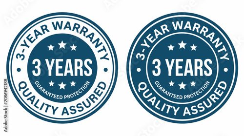 Valokuva Two circular dark blue vector graphic warranty badges displaying three years of