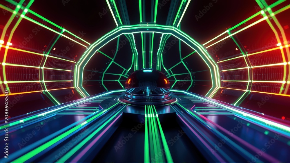 Fototapeta premium Futuristic tunnel glows with vibrant neon lights. Central object suggests speed, motion, digital environment. Dark background emphasizes luminosity.