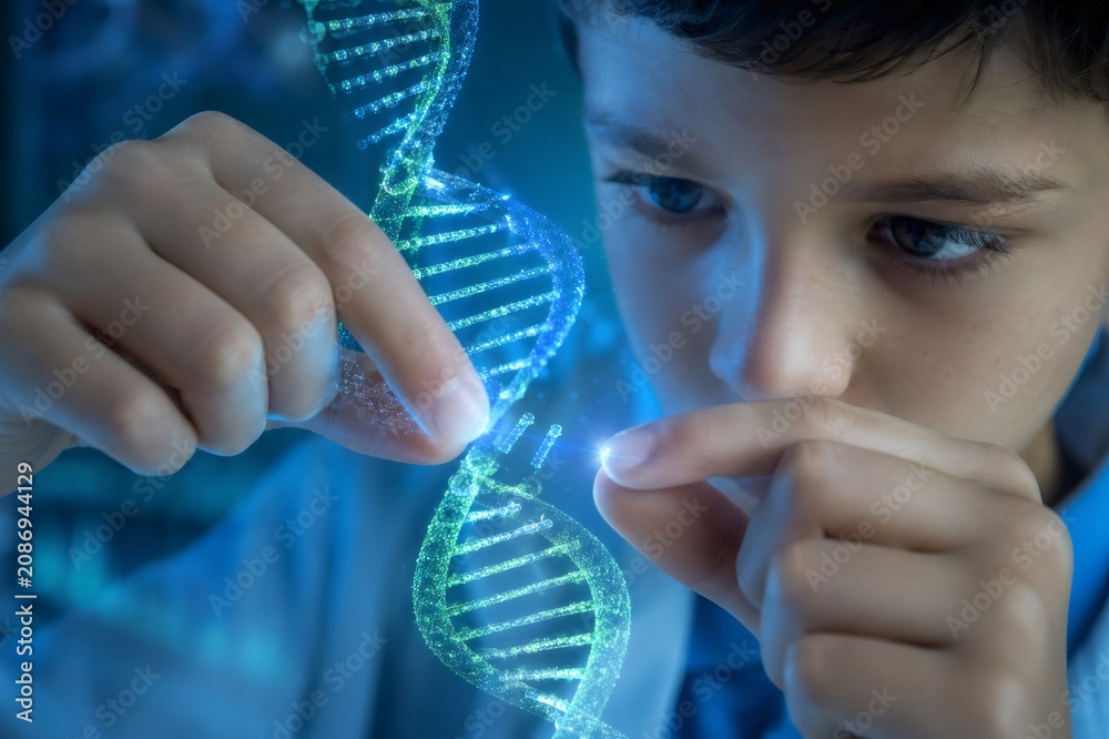 Fototapeta premium Curious child deeply focused, manipulating a glowing scientific genetic model with his fingers, exploring concepts of genome research and future biotechnology