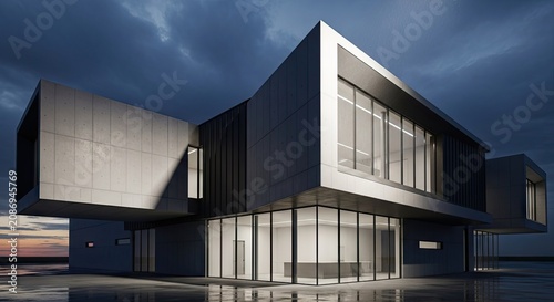 Geometric modern building under dramatic sky.