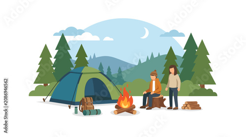 Valokuva Outdoor adventure concept with a green camping tent set in the woods under the moonlight