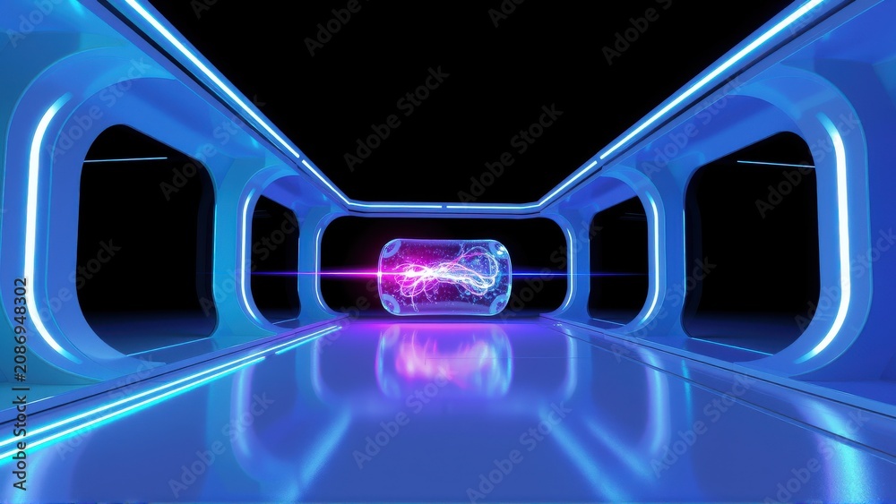 Fototapeta premium Futuristic corridor features glowing blue lines, dark background. Central object emits purple light, reflected on polished floor. Minimalist design.
