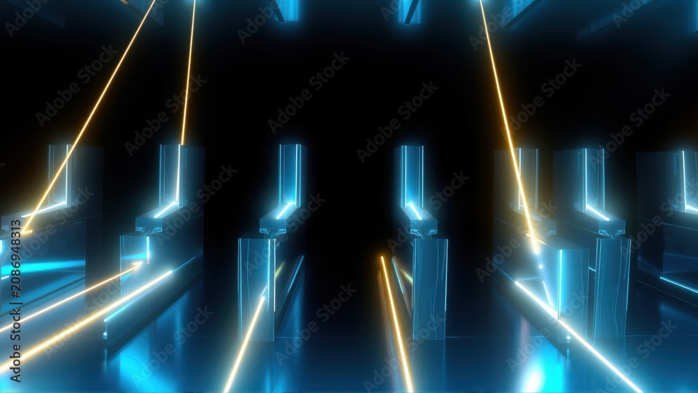 Fototapeta premium Dark abstract space. Blue neon pillars intersect with golden light beams. Minimalist design creates futuristic tunnel effect. Dramatic lighting.