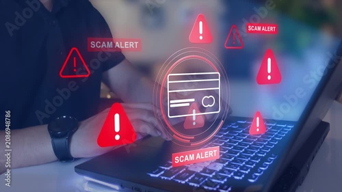 Financial scam concept showing bank card fraud,  online payment risk.  Security alert, data protection and identity theft warning in digital banking.
