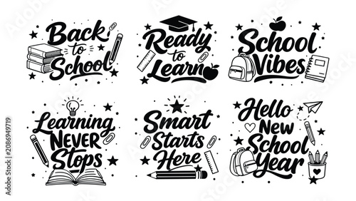 Foto Collection of six handdrawn lettering phrases related to school and learning for