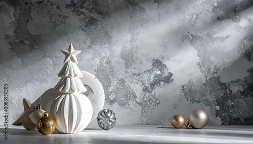 Minimalist white Christmas tree ornament on a textured background.
