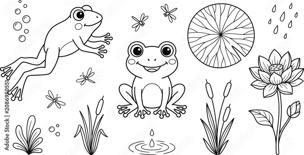 Fototapeta premium Cute Frog Pond Life Cartoon Outline Set for Children Educational Coloring Book Pages