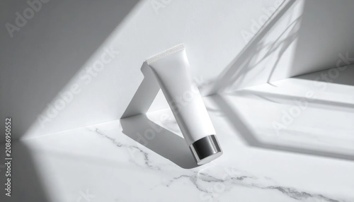 Minimalist white cosmetic tube on marble with sunlight shadows.