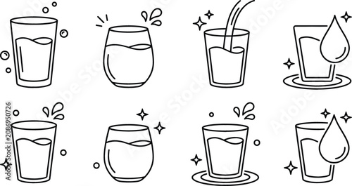 Photos Water glass vector line art icon set featuring full drinking glasses liquid pour