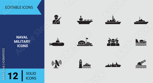 Fényképezés Naval Military Icons Solid Icon Set Representing Battleships Submarines Coastal