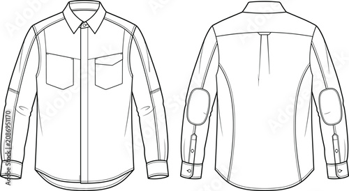Mens Long Sleeve Button Up Shirt Technical Drawing Front and Back Apparel Template