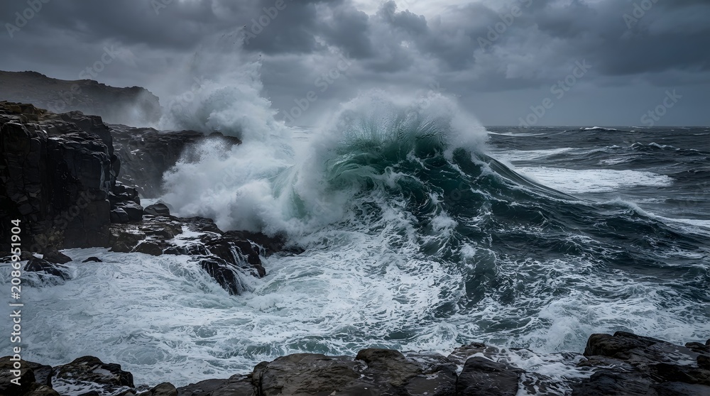 Obraz premium Dramatic ocean waves crash against rocky shoreline on a stormy day with cloudy sky