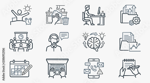 Photos Creative Monochrome Line Set of 12 Icons Representing Daily Work and Productivit