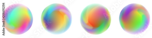 Set of vibrant 3D grainy neon gradient soap bubbles isolated on transparent background. Collection of four colorful translucent glowing glass spheres with Y2K retro design. Ready to use PNG