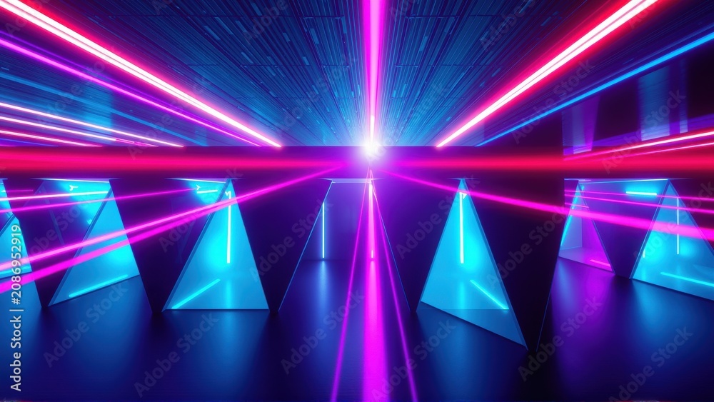 Fototapeta premium Futuristic corridor features glowing pyramids, vibrant neon lights creating dynamic perspective. Intense illumination draws viewer inward.