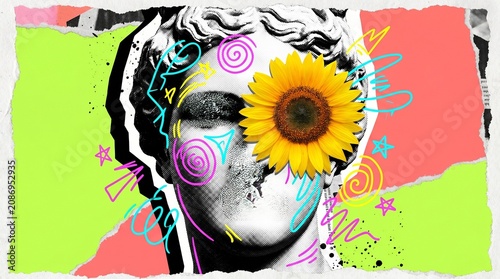 Surreal pop art collage featuring a classical stone bust with a bright sunflower and neon doodles