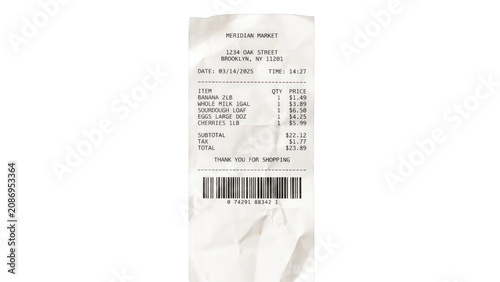 Crumpled paper shopping receipt isolated on transparent background