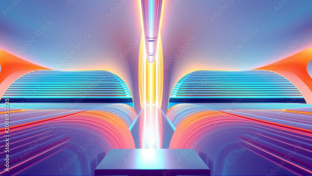 Fototapeta premium Abstract futuristic tunnel. Vibrant colors blend, creating symmetrical glowing shapes. Light radiates from central point. Dramatic perspective.