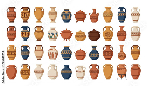 Foto Ancient Ceramic Pottery and Decorative Vase Vector Collection on White Backgroun