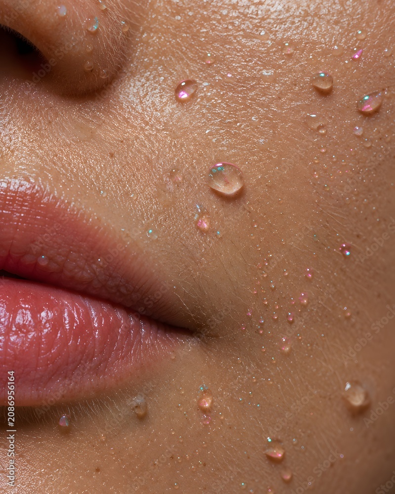 Fototapeta premium Extreme macro beauty shot of clear skin pores with holographic clear gel cosmetic droplet