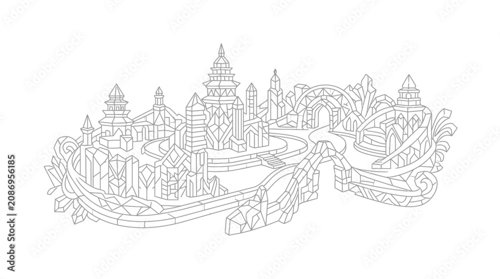 Naklejka premium Crystal Fantasy City Line Art