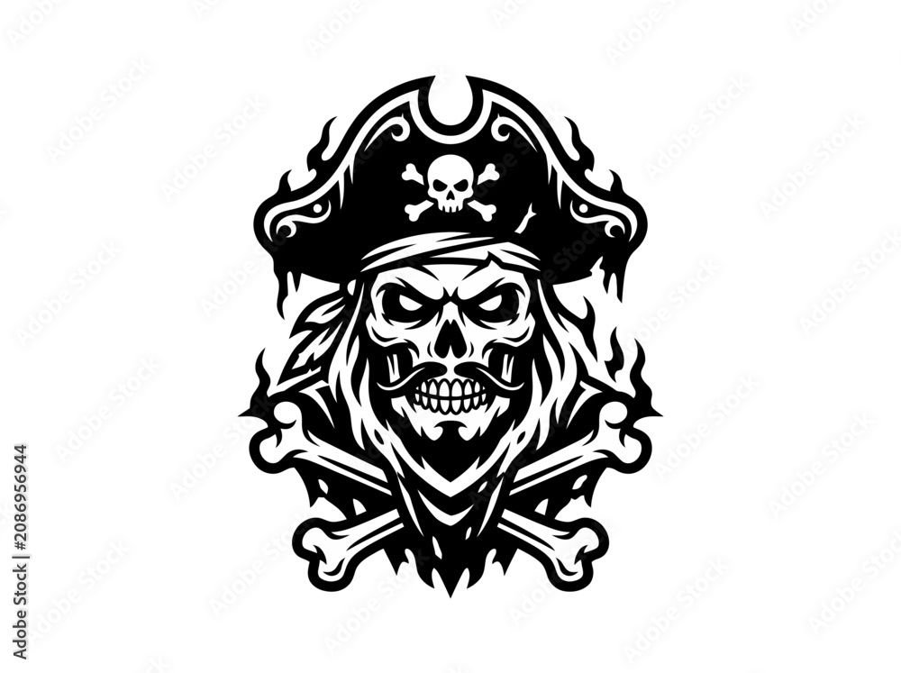 Obraz premium Pirate Skull Emblem with Bones and Flames - Vector Art