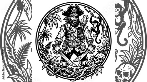 Photography Pirate Captain with Parrot, Monkey, and Skull Illustration in Tropical Jungle