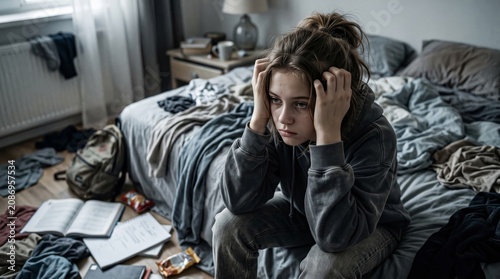 Depressed girl sitting on messy bed showing emotional burnout stress anxiety and mental health concept