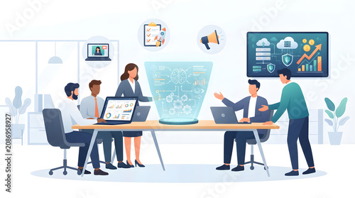 Corporate professionals collaborating on digital transformation strategy and cloud computing. Global tech team reviewing cybersecurity metrics and fintech solutions on digital screens.