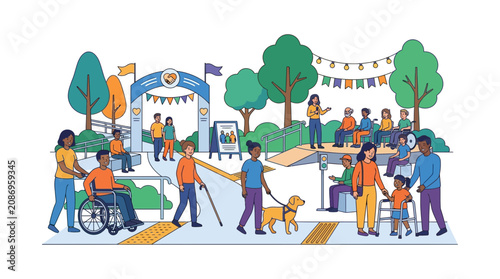 Diverse community enjoying outdoor festival, accessibility and inclusion