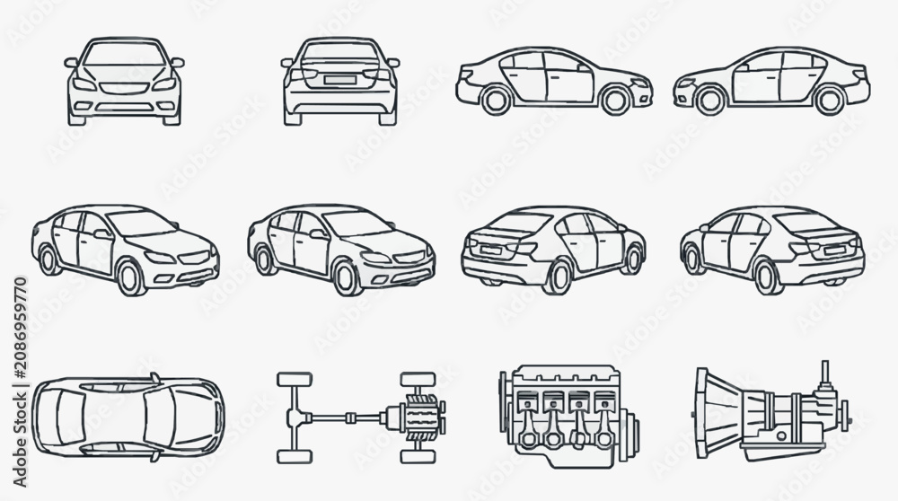 Obraz premium Dynamic Black and White Line Drawing Set of Various Cars Engines and Vehicle Components for Design and