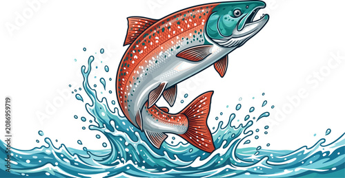 Wild sockeye salmon fish vector illustration jumping out of water waves with dynamic splash isolated on a clean plain white background