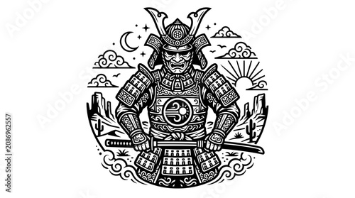 Fotografía Samurai Warrior with Sword, Japanese Warrior Icon, Traditional Armor