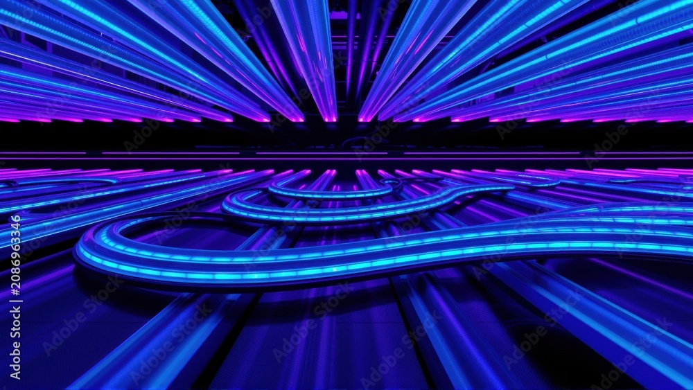 Fototapeta premium Abstract neon lines create tunnel illusion. Vivid purple, blue hues dominate dark background. Dynamic perspective suggests speed, depth.
