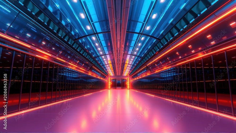 Fototapeta premium Futuristic corridor. Bright neon lights illuminate sleek surfaces, creating dramatic perspective. Dark background emphasizes vibrant colors.