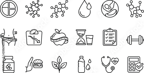 Bild auf Leinwand Weight loss and healthy lifestyle outline icons set featuring fitness nutrition