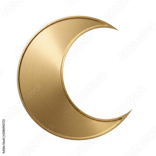 Golden crescent moon shape with brushed metal texture isolated on transparent background
