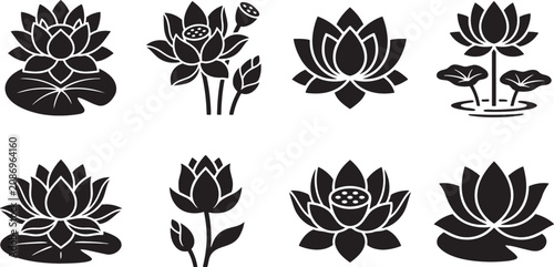 Water lily and lotus silhouette icons set for pond landscape design