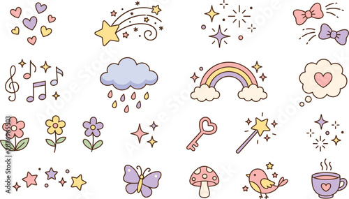 Cute Pastel Doodle Icon Set with Star Rainbow Flower and Butterfly Elements Vector Illustration for Girly Design and Prints